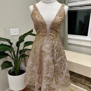 COYA Collection Rose Gold Embellished V-Neck A-Line Dress